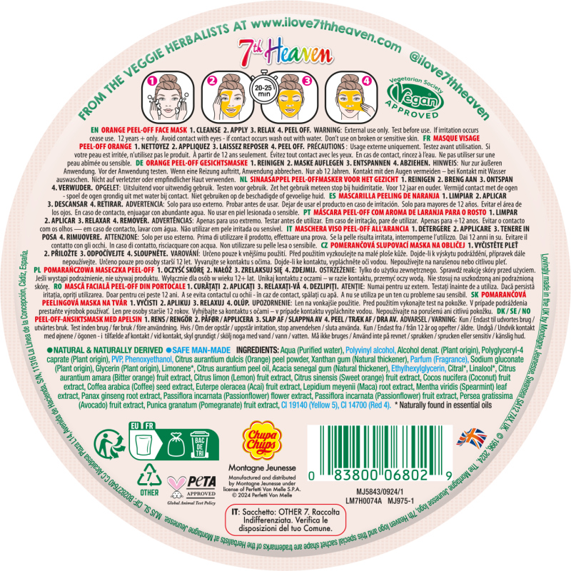 Mască de față Peel-Off 7th Heaven Chupa Chups Orange 8ml