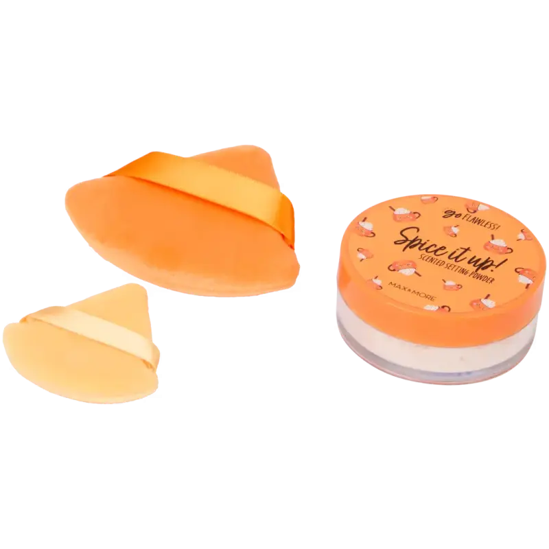 Pudră de fixare parfumată MAX & MORE – finisaj mat, aspect uniform, cu 2 bureți