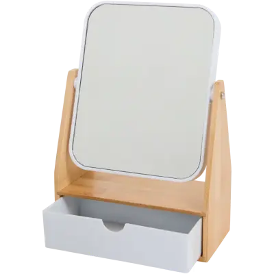 Oglindă de bambus cu organizator și lupă – înclinare reglabilă, depozitare practică