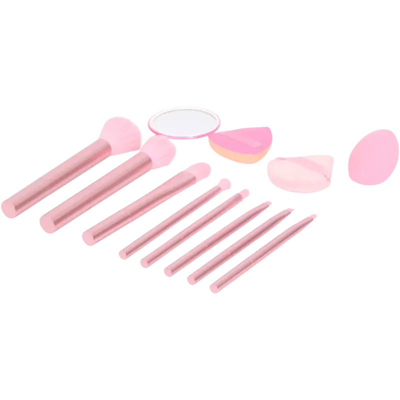 Set accesorii pentru machiaj 12 piese - pensule, burete, pufuri și oglindă, roz elegant