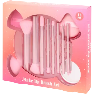Set accesorii pentru machiaj 12 piese - pensule, burete, pufuri și oglindă, roz elegant