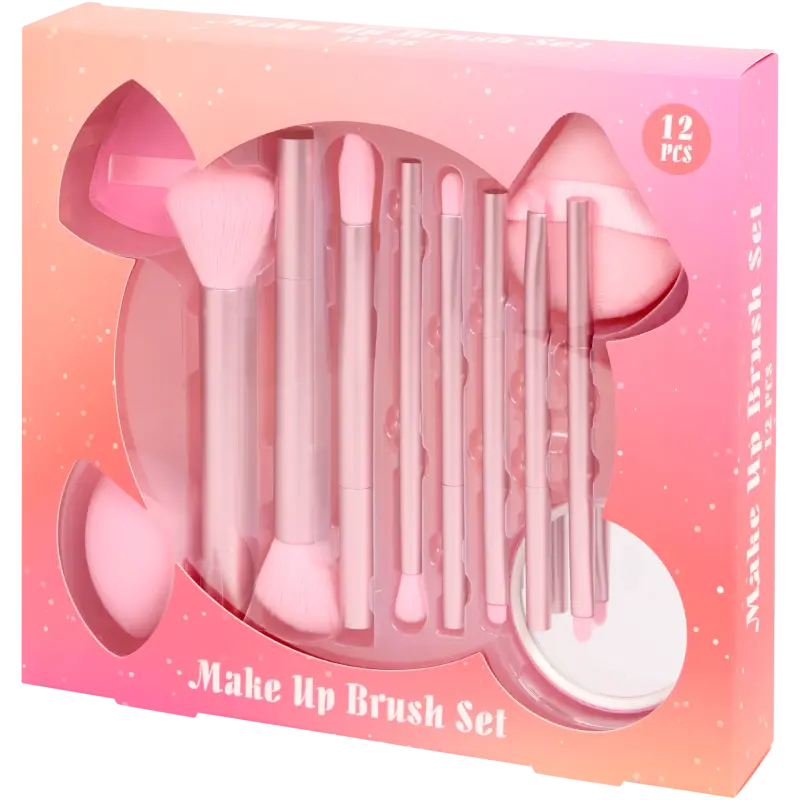 Set accesorii pentru machiaj 12 piese - pensule, burete, pufuri și oglindă, roz elegant